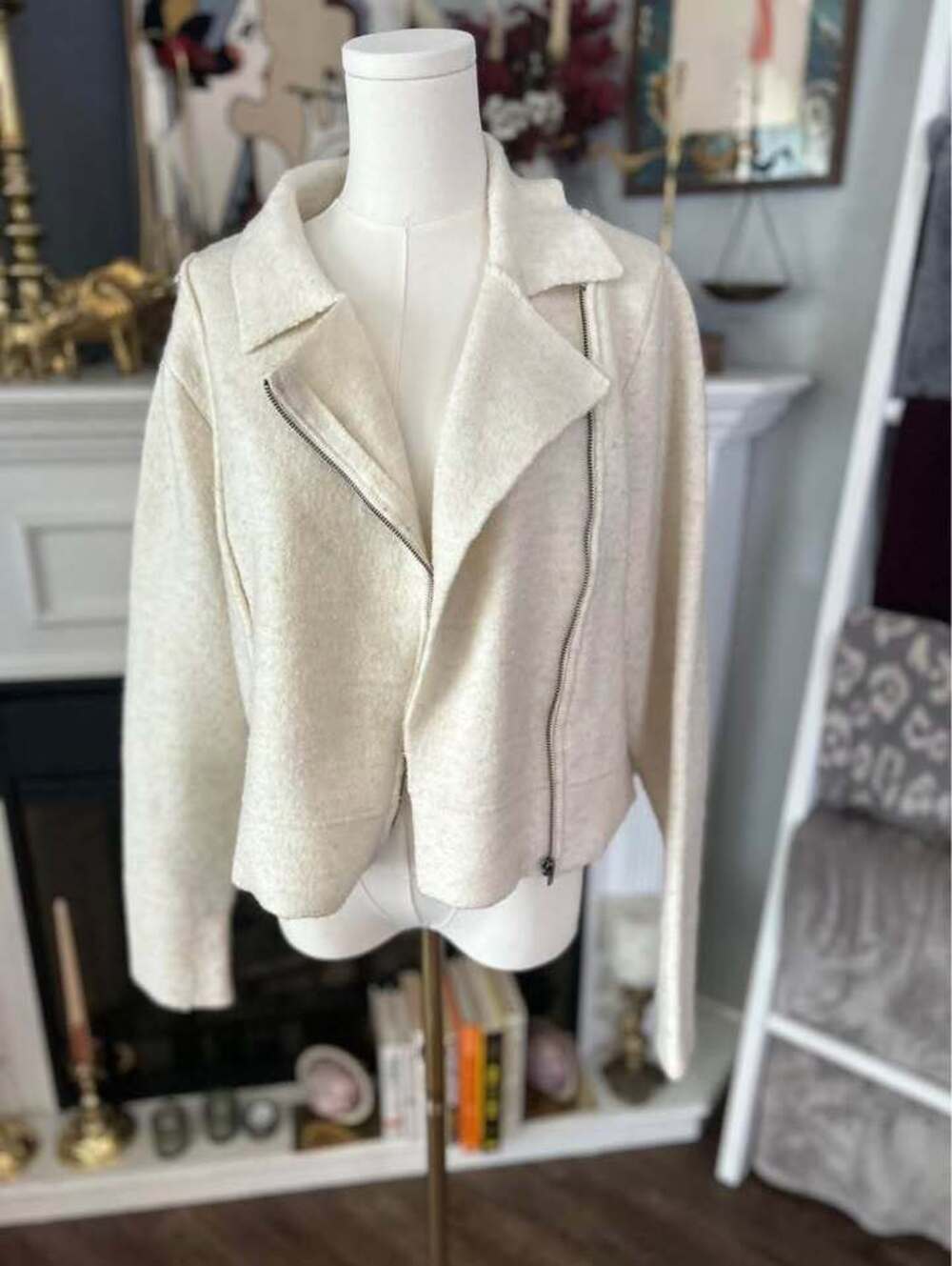 William Rast Cream Boiled Wool Moto Jacket Size XL